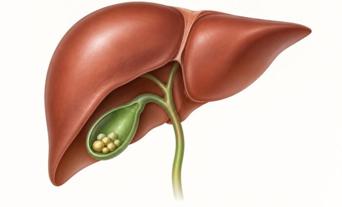 Simple medical illustration of the liver, gallbladder, bile duct and gallstones